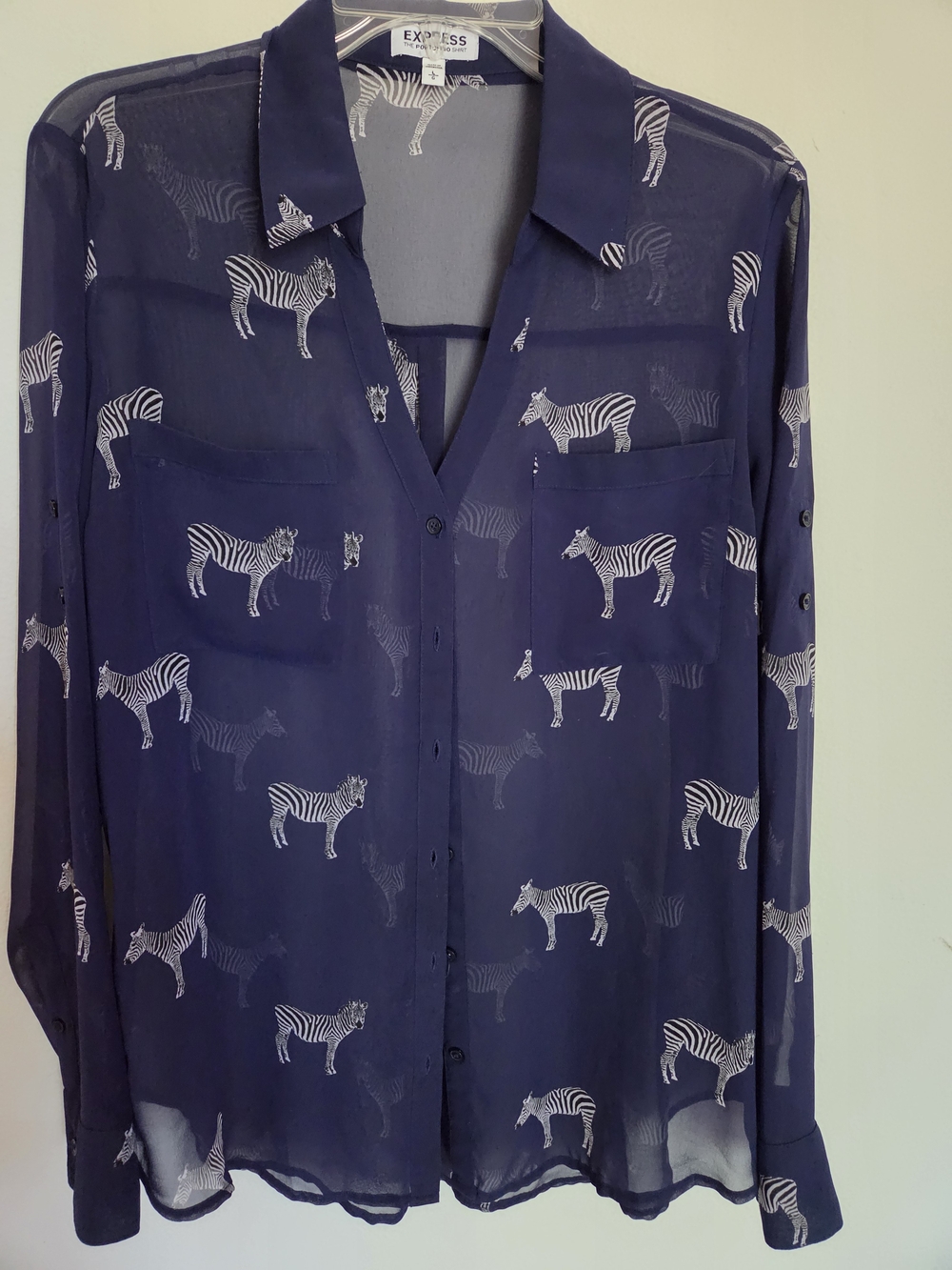 Express Navy Sheer Zebra Button-Up Blouse